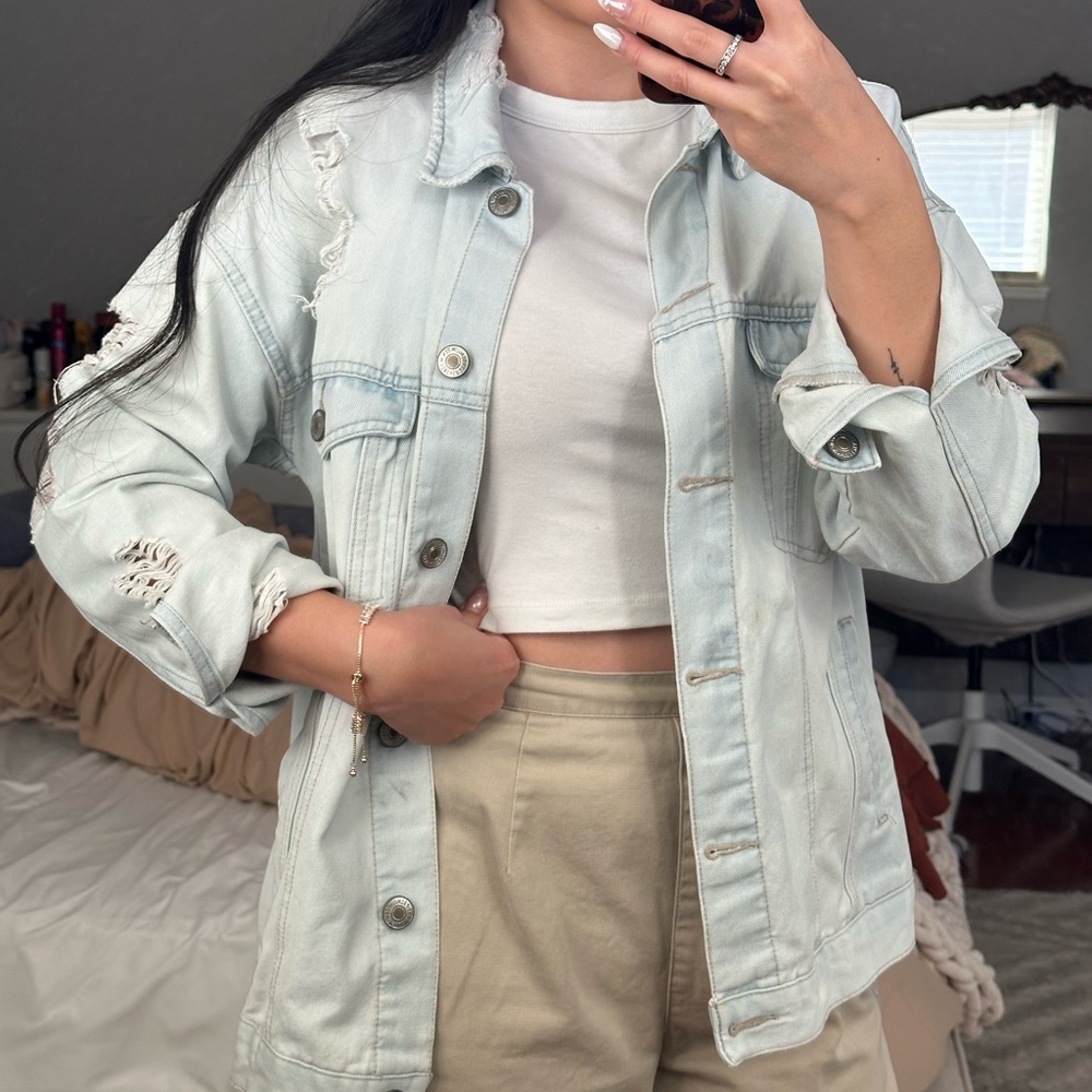 Forever 21 Distressed Light Blue Jean Jacket